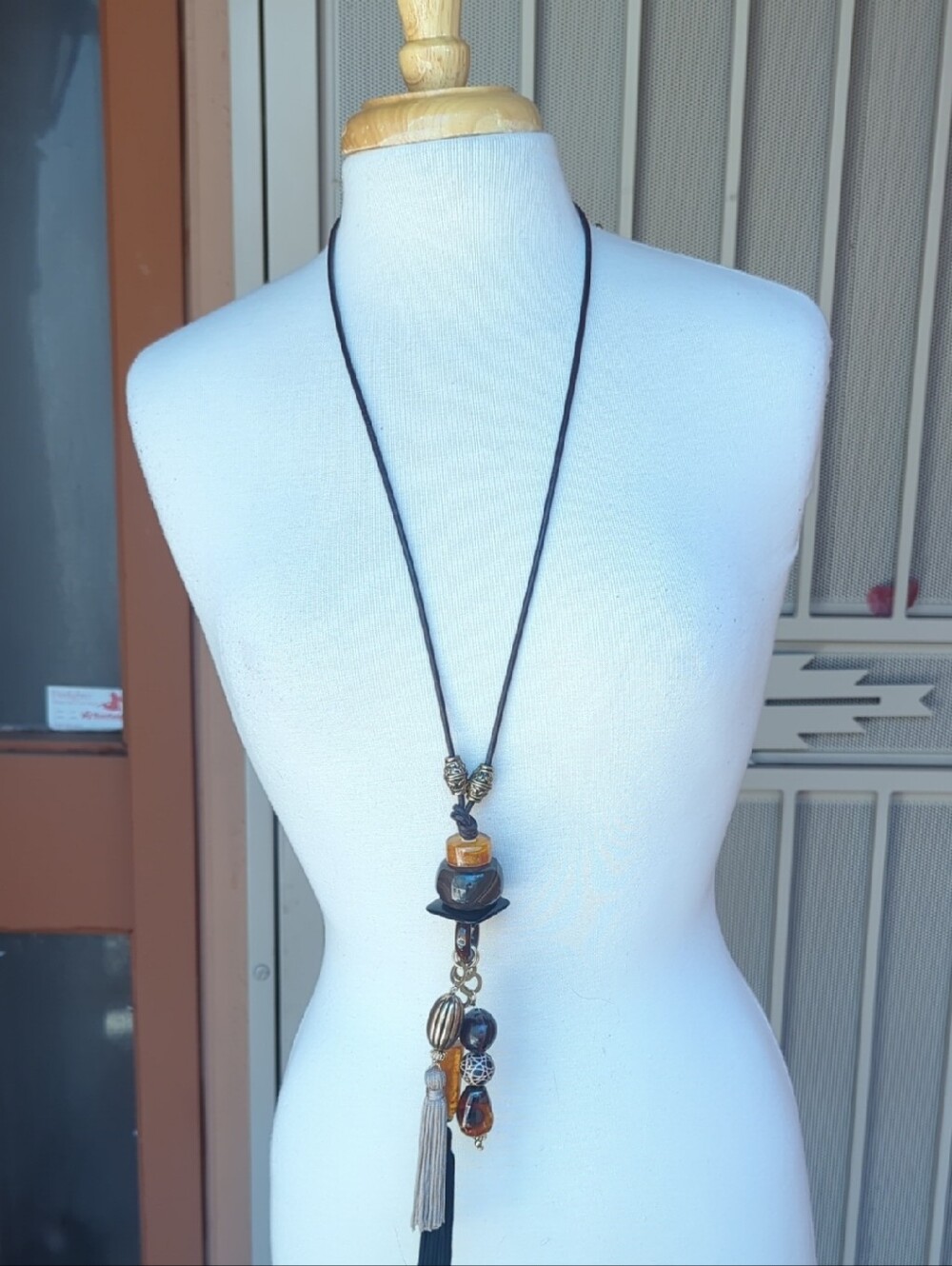 Chico's Black Cord Tassel Necklace with Brown and Gold Accents
